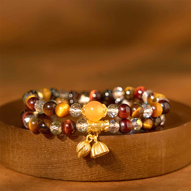 Buddha Stones Colorful Tiger Eye Lotus Multi-circle Elastic Rope Protection Bracelet - Tiger Eye(Wrist Circumference: 15-18cm) - image 0