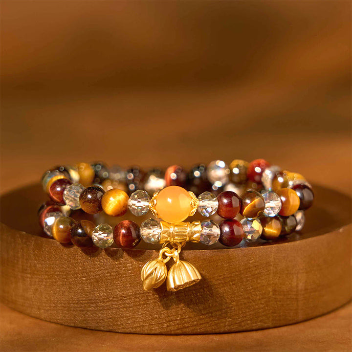 Buddha Stones Colorful Tiger Eye Lotus Multi-circle Elastic Rope Protection Bracelet - Tiger Eye(Wrist Circumference: 15-18cm) - image 0
