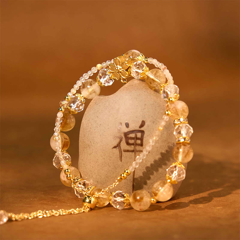 Buddha Stones Natural Citrine Glass Beads Flower Multiple Layers Prosperity Bracelet - image 1