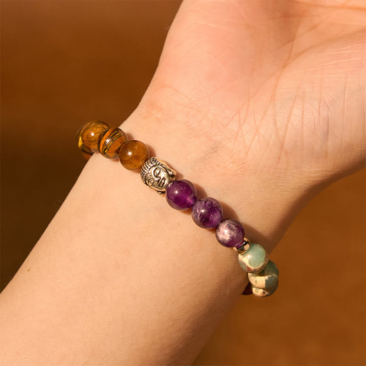 Buddha Stones Natural Black Onyx White Stone Green Aventurine Tiger Eye Agate Mixed Color Buddha Head Protection Bracelet - image 5