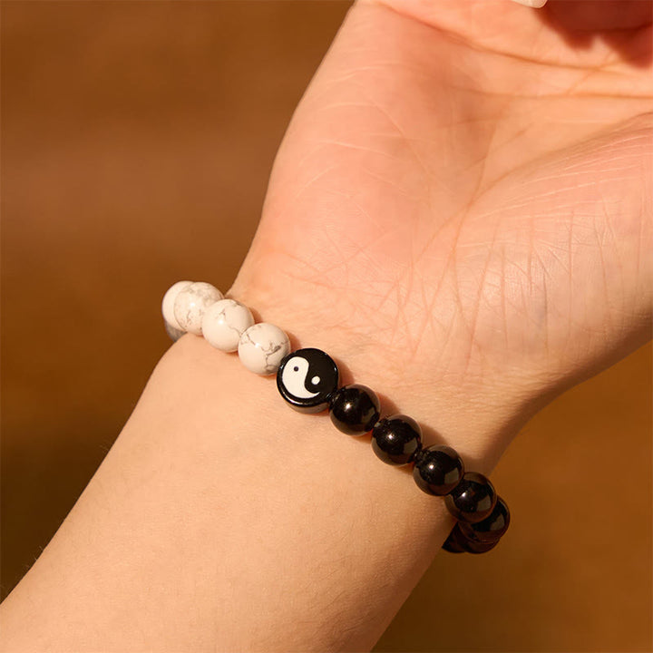 Buddha Stones Natural Obsidian White Turquoise Yinyang Tai Chi Strength Bracelet - image 2