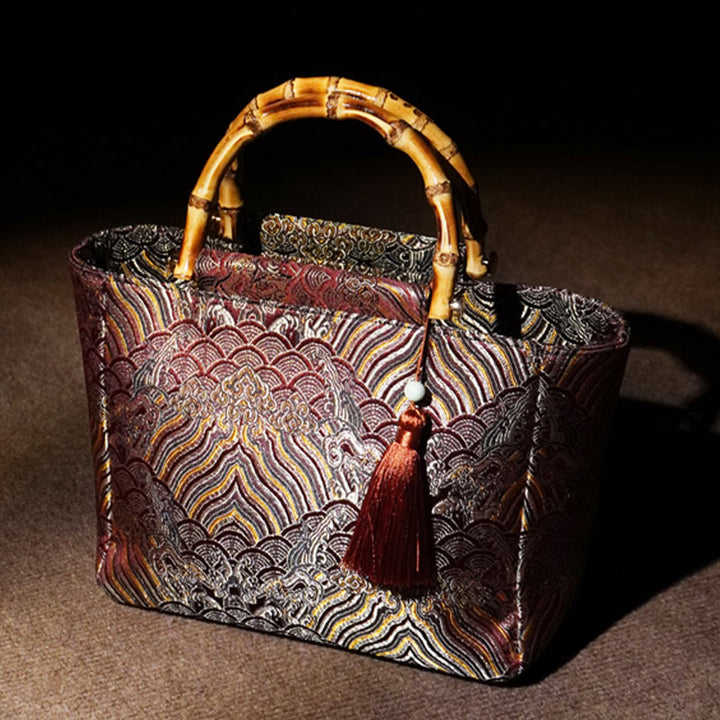 Buddha Stones Mountain Seawater Wave Pattern Bamboo Handle Bead Tassel Hangbags - image 4