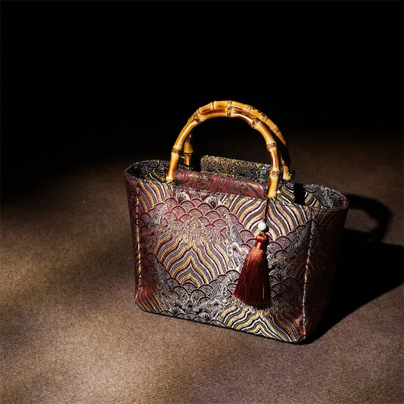 Buddha Stones Mountain Seawater Wave Pattern Bamboo Handle Bead Tassel Hangbags - image 2