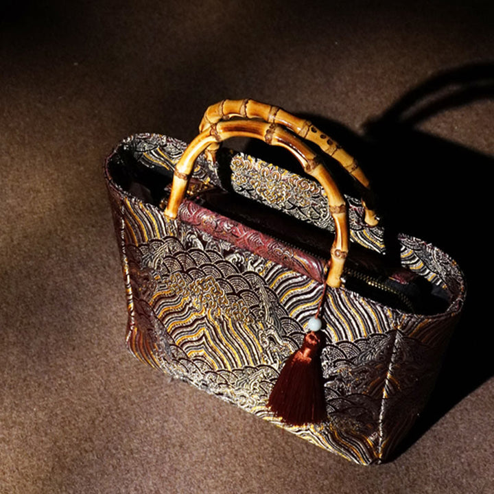 Buddha Stones Mountain Seawater Wave Pattern Bamboo Handle Bead Tassel Hangbags - image 3