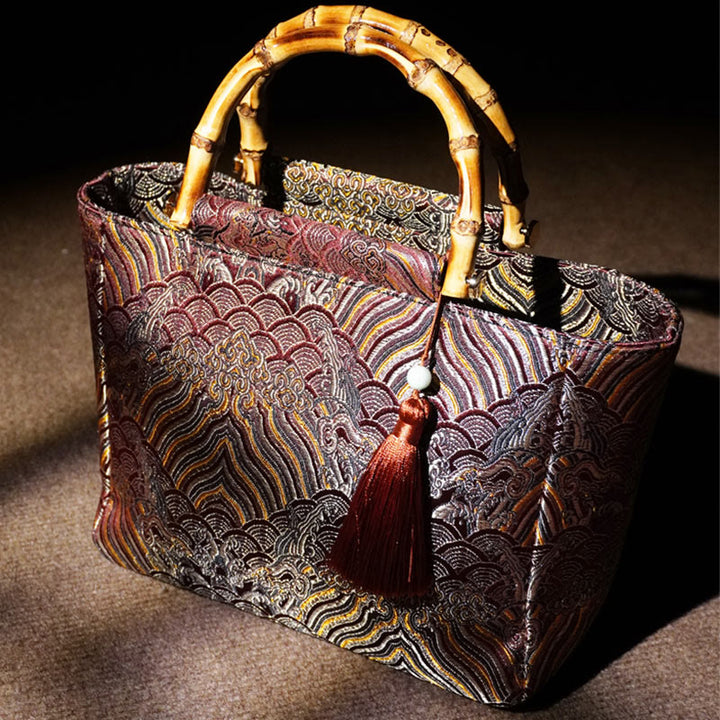 Buddha Stones Mountain Seawater Wave Pattern Bamboo Handle Bead Tassel Hangbags - image 5