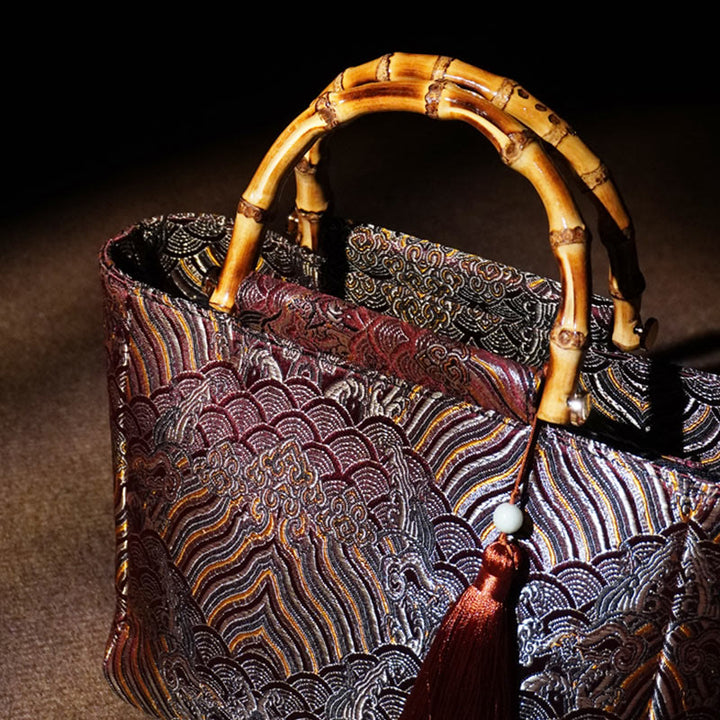 Buddha Stones Mountain Seawater Wave Pattern Bamboo Handle Bead Tassel Hangbags - image 6