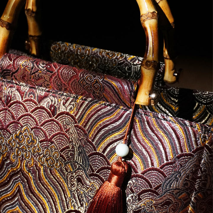 Buddha Stones Mountain Seawater Wave Pattern Bamboo Handle Bead Tassel Hangbags - image 7