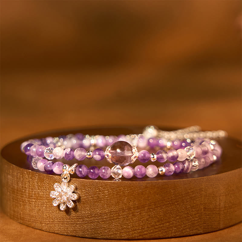 Buddha Stones Amethyst Crystal Sunflower Spiritual Awareness Double Wrap Bracelet - Amethyst(Wrist Circumference: 14-16cm) - image 0