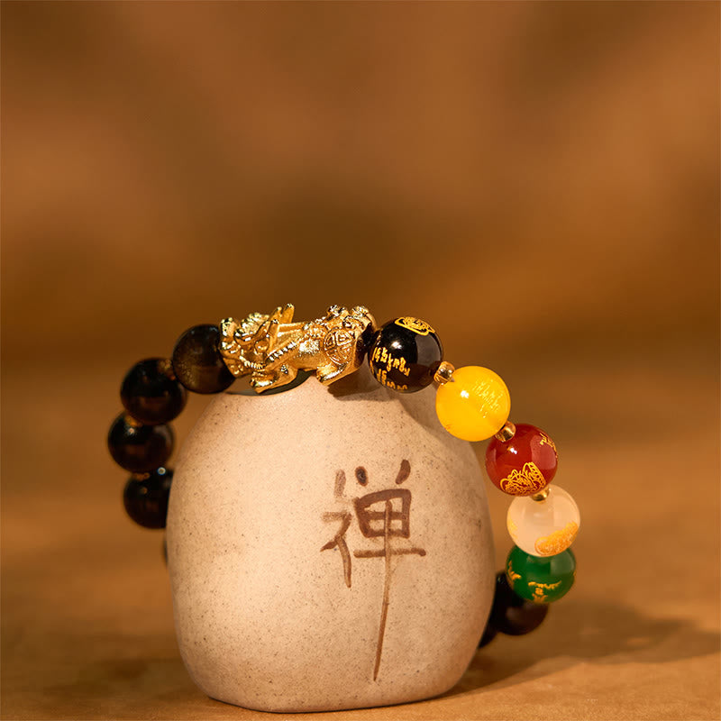 Buddha Stones Natural Gold Sheen Obsidian PiXiu Five Directions Gods of Wealth Protection Bracelet - image 5