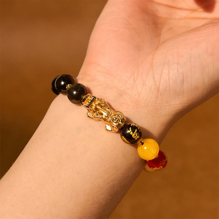 Buddha Stones Natural Gold Sheen Obsidian PiXiu Five Directions Gods of Wealth Protection Bracelet - image 2