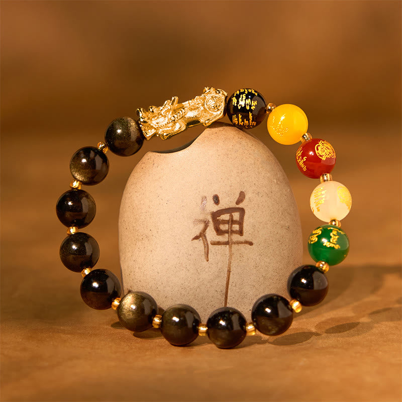 Buddha Stones Natural Gold Sheen Obsidian PiXiu Five Directions Gods of Wealth Protection Bracelet - image 1