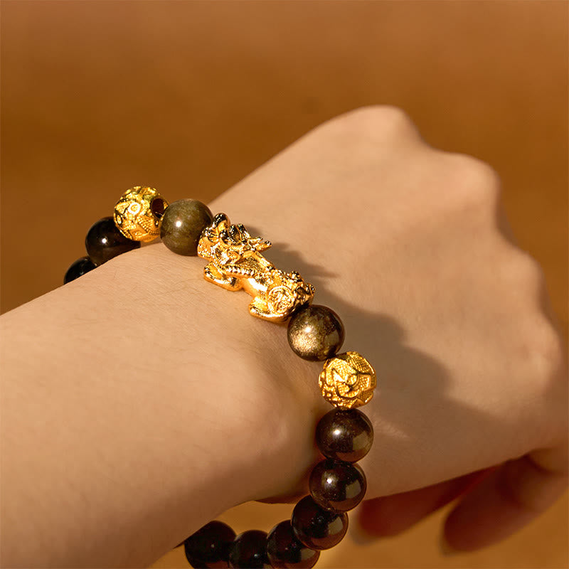 Buddha Stones Natural Gold Sheen Obsidian PiXiu Om Mani Padme Hum Wealth Bracelet - image 2