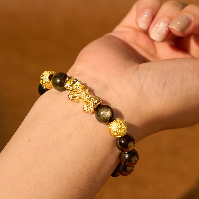 Buddha Stones Natural Gold Sheen Obsidian PiXiu Om Mani Padme Hum Wealth Bracelet - image 3