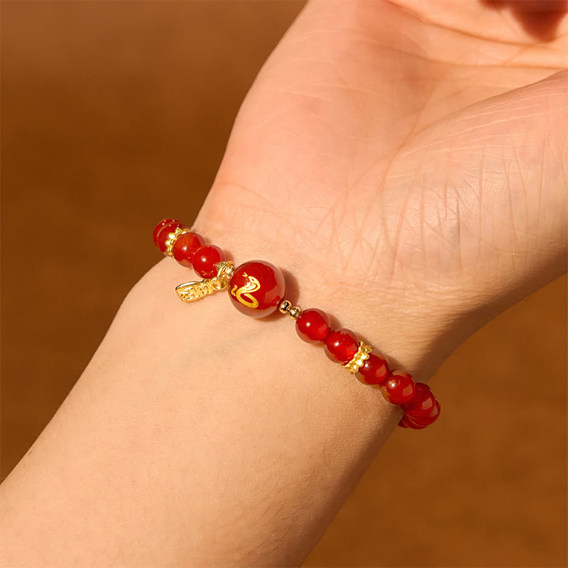 Buddha Stones Red Agate Gold Plated Copper Year Of The Snake Happiness Bracelet - image 3
