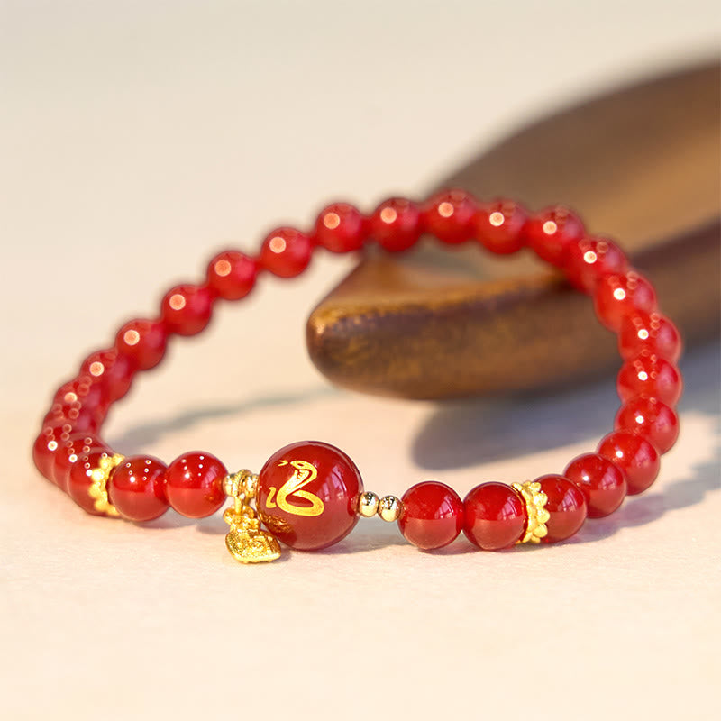 Buddha Stones Red Agate Gold Plated Copper Year Of The Snake Happiness Bracelet - 6mm Red Agate Bead(Wrist Circumference: 14-16cm) - image 0