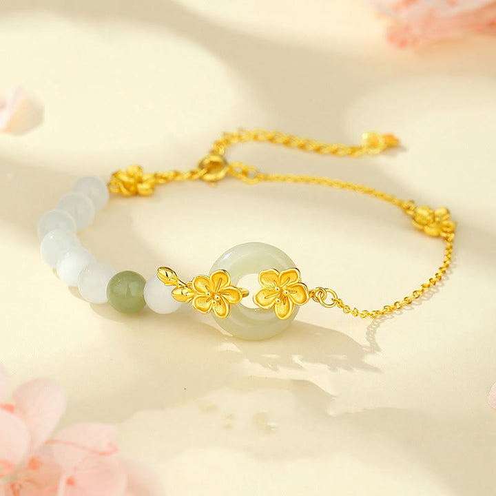 Buddha Stones Chrysoberyl Hetian Jade 999 Sterling Silver Love Bracelet - Chrysoberyl Hetian Jade Golden 999 Sterling Silver(Wrist Circumference: 14-19cm) - image 0