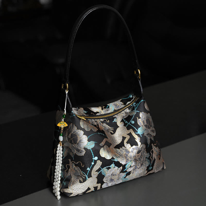 Buddha Stones Lotus Bamboo Crane Deer Butterfly Mountain Xiangyunsha Silk Song Brocade Crossbody Bag Shoulder Bag  - Black Kirin Peony 26*19*10cm - image 0