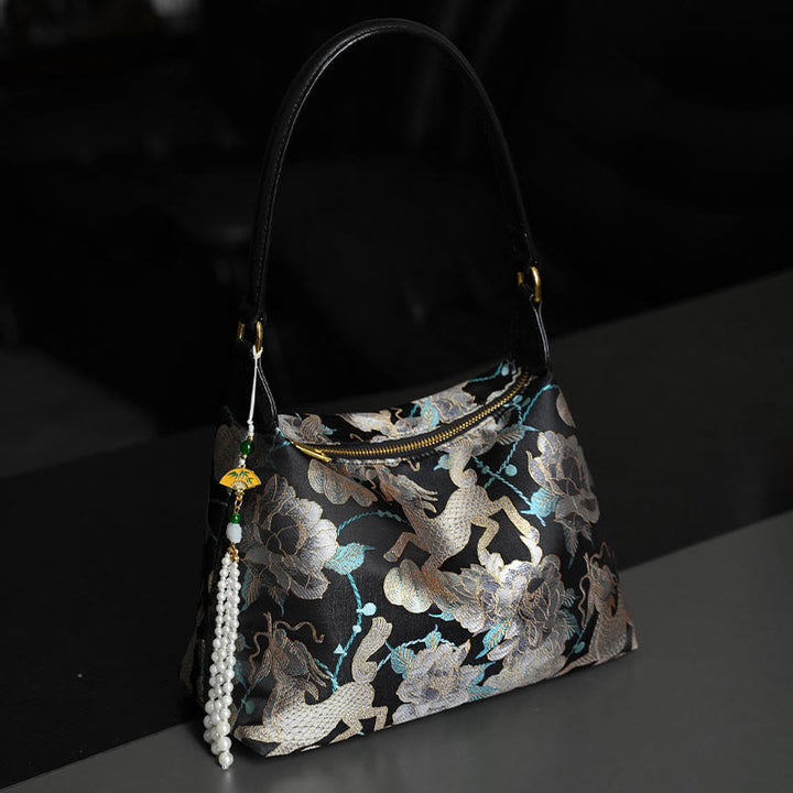 Buddha Stones Lotus Bamboo Crane Deer Butterfly Mountain Xiangyunsha Silk Song Brocade Crossbody Bag Shoulder Bag  - Black Kirin Peony 26*19*10cm - image 0
