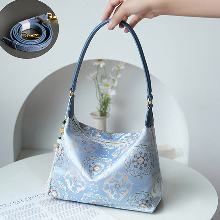 Buddha Stones Lotus Bamboo Crane Deer Butterfly Mountain Xiangyunsha Silk Song Brocade Crossbody Bag Shoulder Bag  - LightSkyBlue Deer Flower 26*19*10cm - image 17