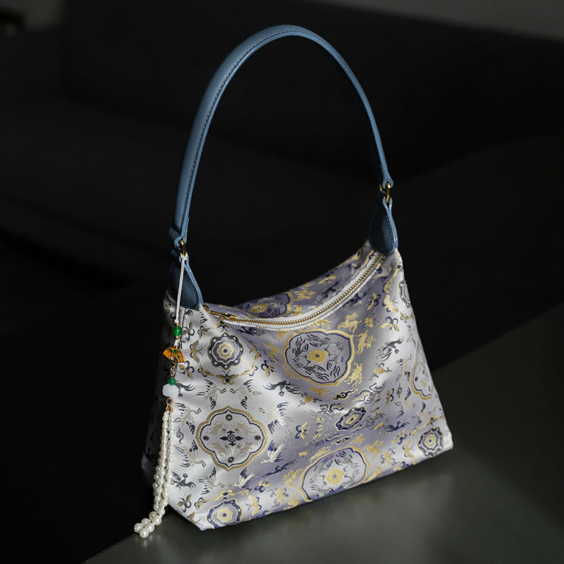Buddha Stones Lotus Bamboo Crane Deer Butterfly Mountain Xiangyunsha Silk Song Brocade Crossbody Bag Shoulder Bag  - Lavender Deer Crane 26*19*10cm - image 11