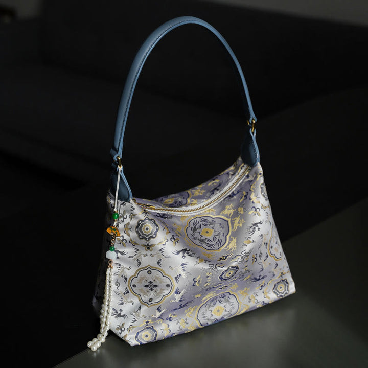 Buddha Stones Lotus Bamboo Crane Deer Butterfly Mountain Xiangyunsha Silk Song Brocade Crossbody Bag Shoulder Bag  - Lavender Deer Crane 26*19*10cm - image 11