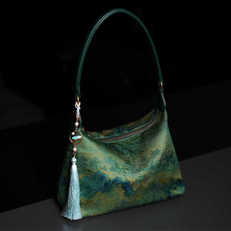Buddha Stones Lotus Bamboo Crane Deer Butterfly Mountain Xiangyunsha Silk Song Brocade Crossbody Bag Shoulder Bag  - SeaGreen Mountain 26*19*10cm - image 6