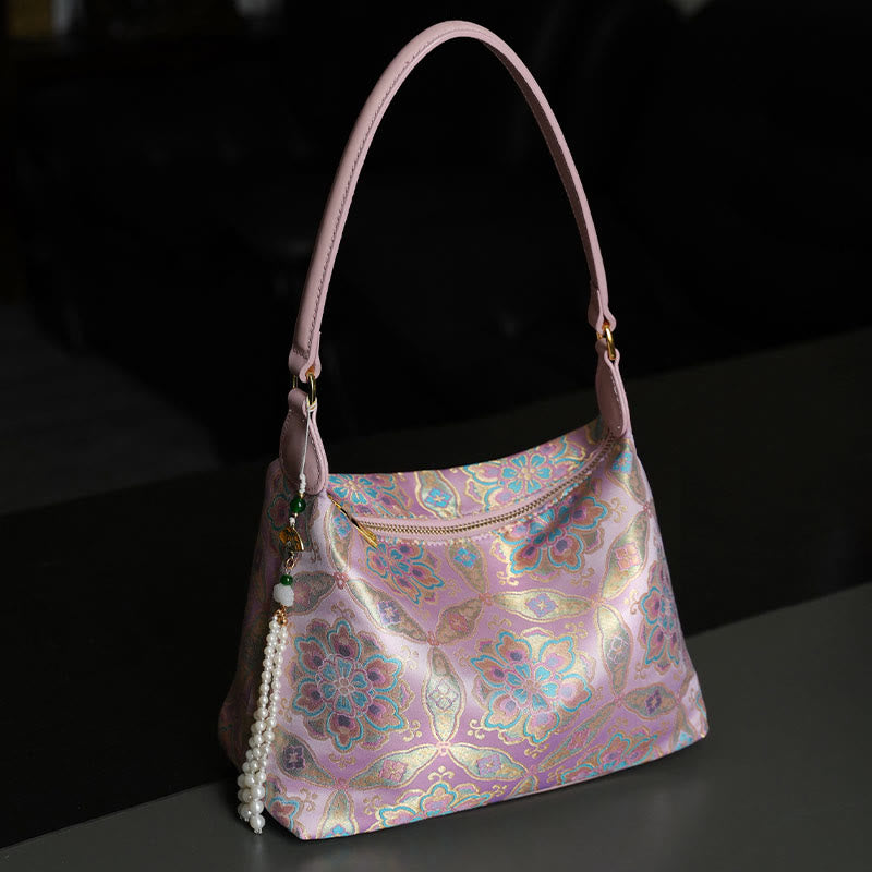 Buddha Stones Lotus Bamboo Crane Deer Butterfly Mountain Xiangyunsha Silk Song Brocade Crossbody Bag Shoulder Bag  - HotPink DunHuang BaoXiangHua 26*19*10cm - image 1