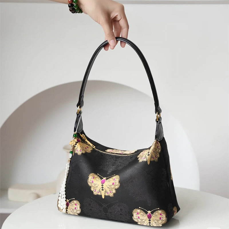 Buddha Stones Lotus Bamboo Crane Deer Butterfly Mountain Xiangyunsha Silk Song Brocade Crossbody Bag Shoulder Bag  - Black Butterfly 26*19*10cm - image 18