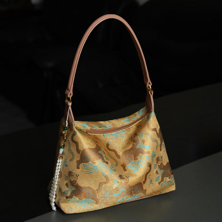 Buddha Stones Lotus Bamboo Crane Deer Butterfly Mountain Xiangyunsha Silk Song Brocade Crossbody Bag Shoulder Bag  - Gold Tiger 26*19*10cm - image 20