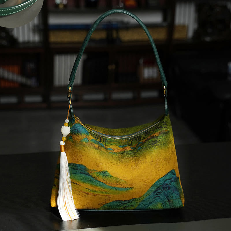 Buddha Stones Lotus Bamboo Crane Deer Butterfly Mountain Xiangyunsha Silk Song Brocade Crossbody Bag Shoulder Bag  - Gold Mountain 26*19*10cm - image 9