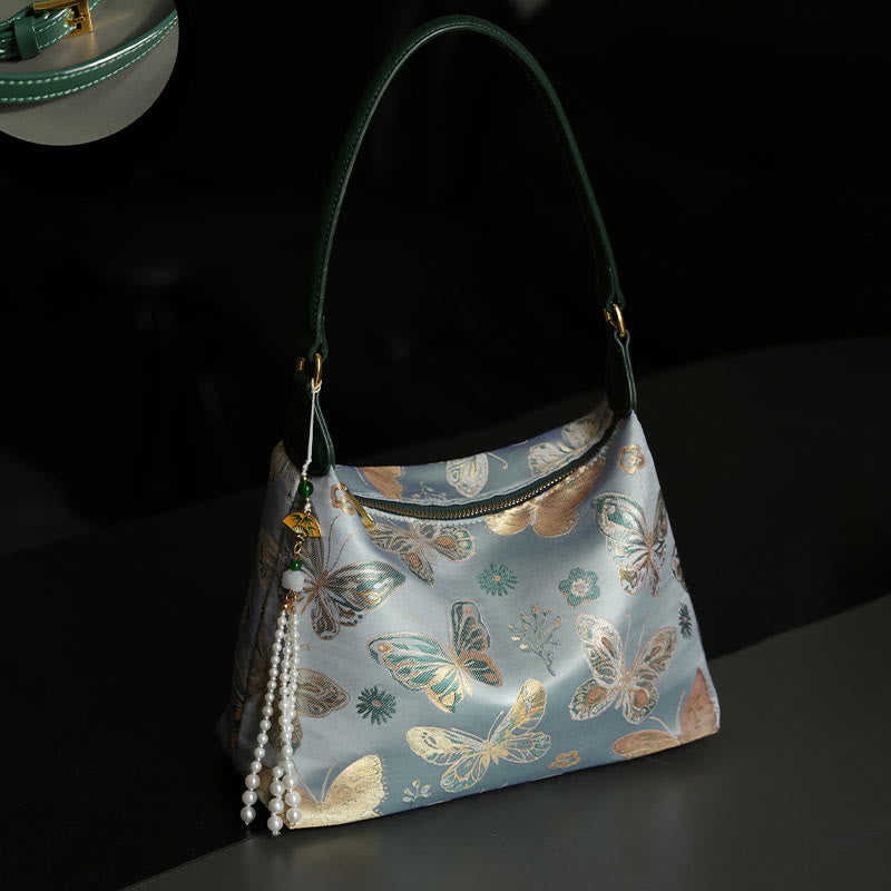Buddha Stones Lotus Bamboo Crane Deer Butterfly Mountain Xiangyunsha Silk Song Brocade Crossbody Bag Shoulder Bag  - LightBlue Butterfly 26*19*10cm - image 19