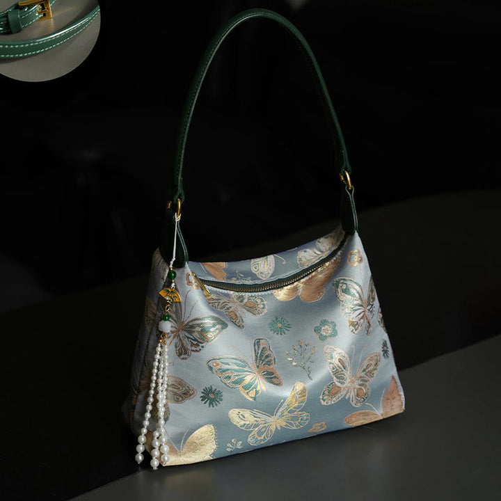 Buddha Stones Lotus Bamboo Crane Deer Butterfly Mountain Xiangyunsha Silk Song Brocade Crossbody Bag Shoulder Bag  - LightBlue Butterfly 26*19*10cm - image 19