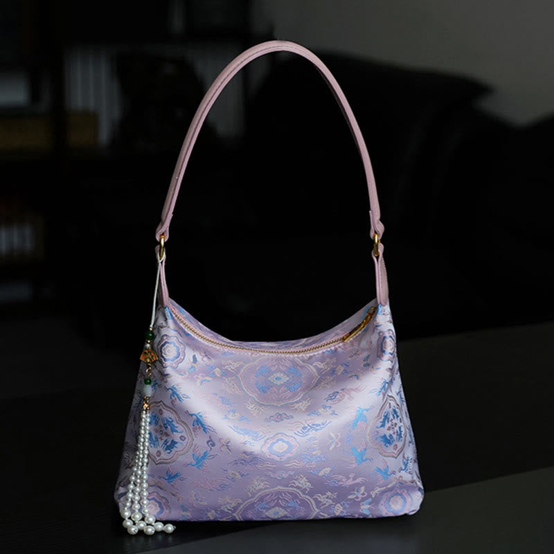 Buddha Stones Lotus Bamboo Crane Deer Butterfly Mountain Xiangyunsha Silk Song Brocade Crossbody Bag Shoulder Bag  - Plum Deer Crane 26*19*10cm - image 16