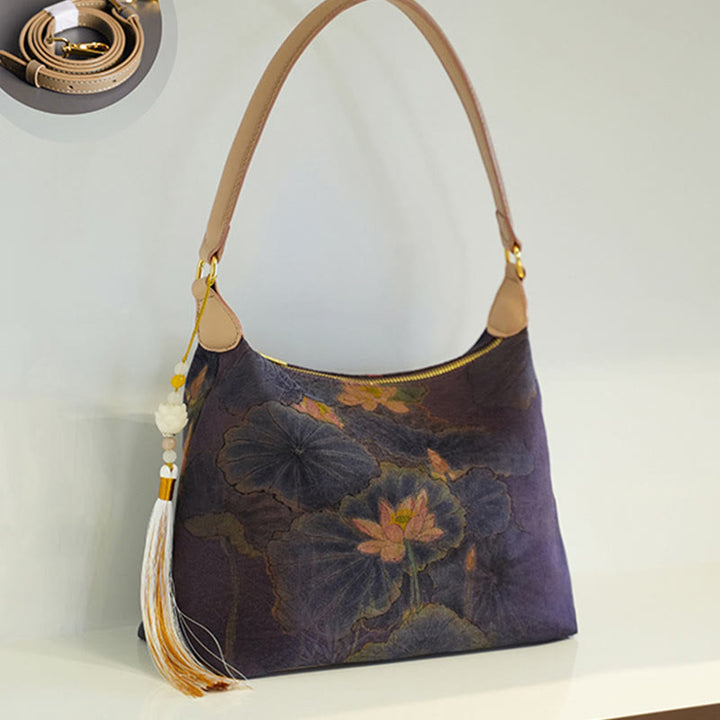 Buddha Stones Lotus Bamboo Crane Deer Butterfly Mountain Xiangyunsha Silk Song Brocade Crossbody Bag Shoulder Bag  - Indigo Lotus 26*19*10cm - image 2