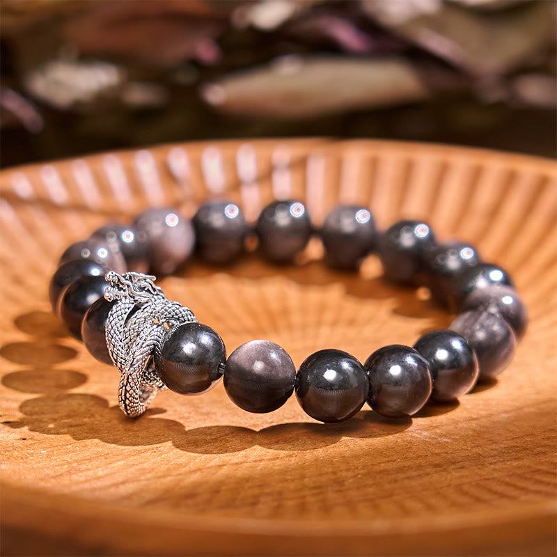 Buddha Stones Silver Sheen Obsidian Dragon Protection Bracelet - Silver Sheen Obsidian(Wrist Circumference: 14-16cm) - image 0