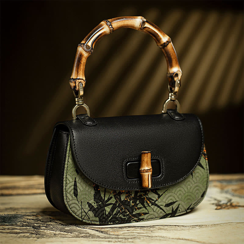 Buddha Stones Curve Bamboo Handle Xiangyunsha Silk Crossbody Bag Hangbags - Black Bamboo 20*13*5cm - image 0