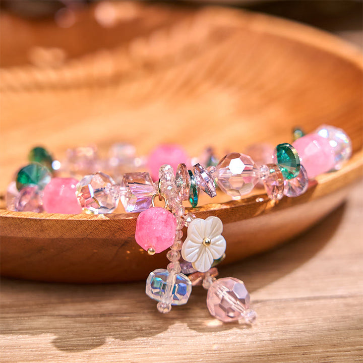 Buddha Stones Pink Crystal Green Crystal White Crystal Flower Warmth Bracelet - Pink Green White Crystal(Wrist Circumference: 14-16cm) - image 0