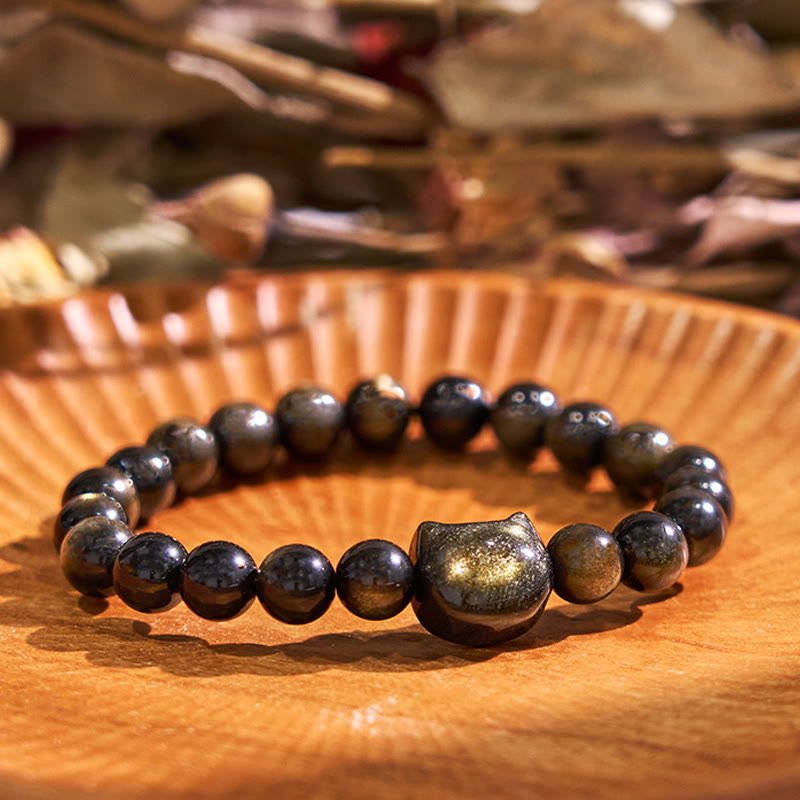 Buddha Stones Gold Sheen Obsidian Silver Sheen Obsidian Lovely Paw Lucky Cat Protection Bracelet - Gold Sheen Obsidian - Cat Head - 8mm - image 0