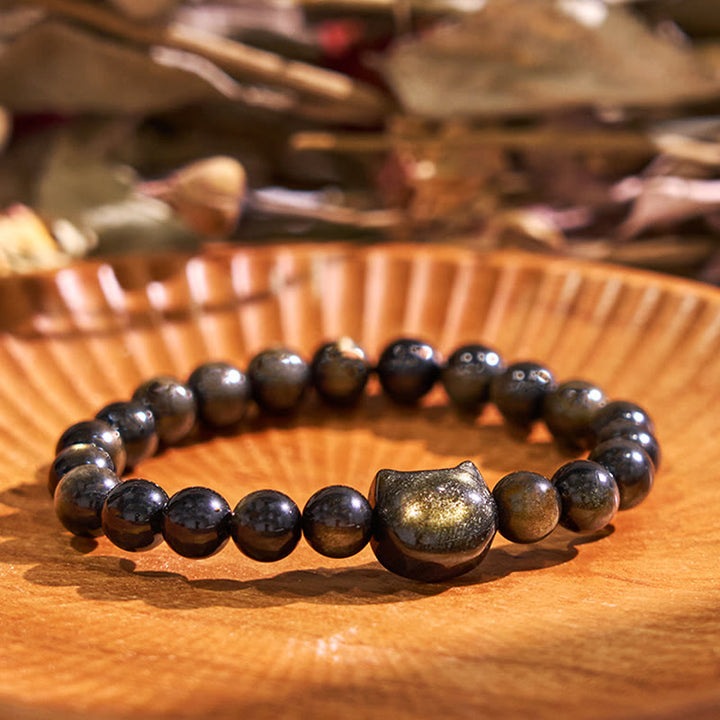 Buddha Stones Gold Sheen Obsidian Silver Sheen Obsidian Lovely Paw Lucky Cat Protection Bracelet - Gold Sheen Obsidian - Cat Head - 8mm - image 0