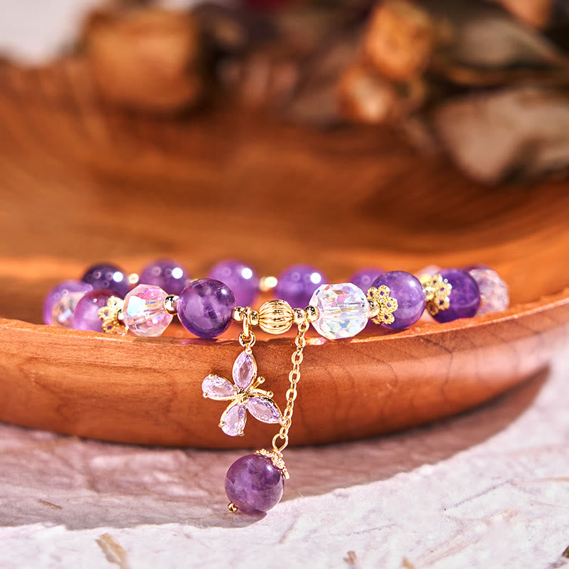 Buddha Stones Natural Amethyst Crystal Spiritual Butterfly Charm Bracelet - Amethyst (Spiritual Awareness ♥ Inner Peace) - image 0