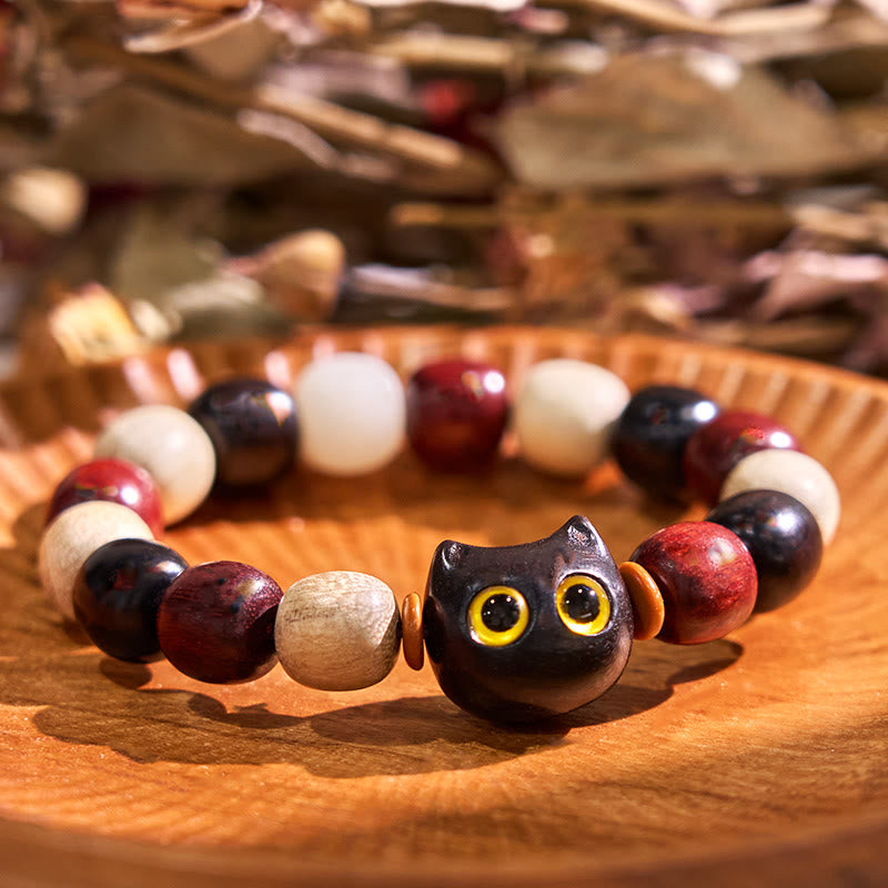 Buddha Stones Small Leaf Red Sandalwood Ebony Wood Cute Cat Engraved Protection Bracelet - Ebony Wood(Balance♥Calm) - image 0