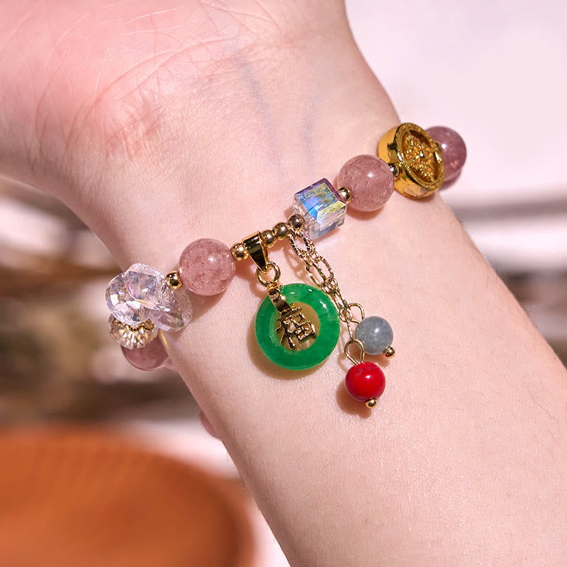Buddha Stones Strawberry Quartz Jade Fu Character Charm Healing Bracelet - image 4