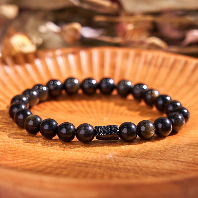 Buddha Stones Gold Sheen Obsidian Black Tourmaline Wealth Bracelet - Gold Sheen Obsidian Black Tourmaline(Wrist Circumference: 14-16cm) - image 0
