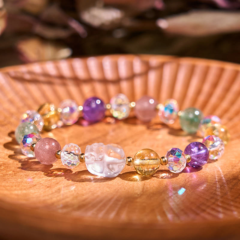 Buddha Stones PiXiu White Crystal Citrine Green Strawberry Quartz Amethyst Luck Bracelet - Various Crystal(Wrist Circumference: 14-16cm) - image 0