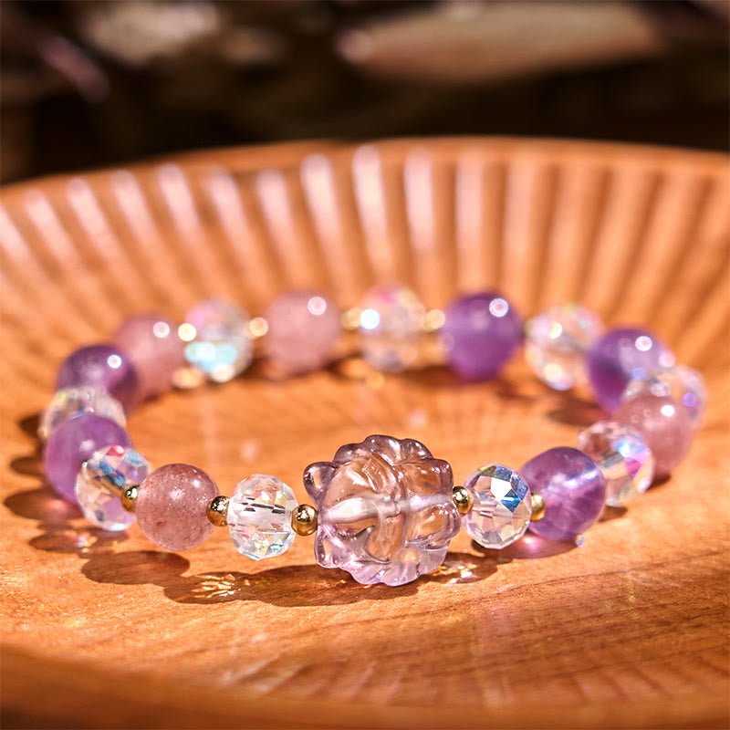 Buddha Stones Amethyst Strawberry Quartz White Crystal Nine Tailed Fox Meditation Bracelet - Amethyst Strawberry Quartz White Crystal(Wrist Circumference: 14-16cm) - image 0