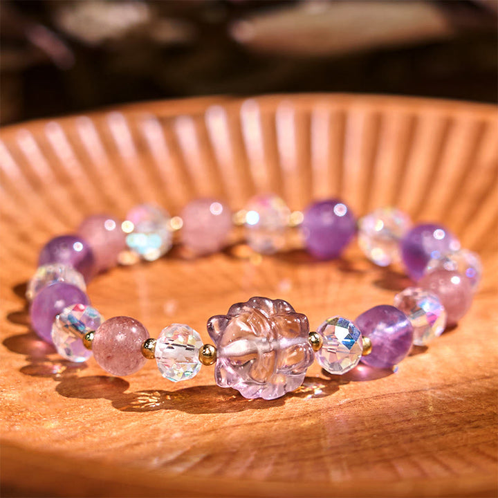 Buddha Stones Amethyst Strawberry Quartz White Crystal Nine Tailed Fox Meditation Bracelet - Amethyst Strawberry Quartz White Crystal(Wrist Circumference: 14-16cm) - image 0