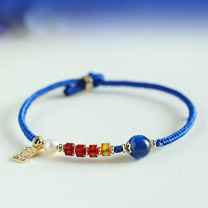 Buddha Stones Klein Blue String South Red Agate Garnet Blue Aventurine Lazurite Copper Butterfly Fu Character Positive Bracelet - Blue Aventurine Red Agate Pearl Joy(Wrist Circumference: 15-18cm) - image 12