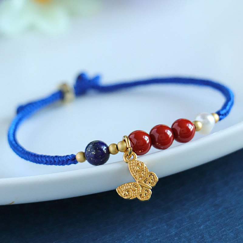 Buddha Stones Klein Blue String South Red Agate Garnet Blue Aventurine Lazurite Copper Butterfly Fu Character Positive Bracelet - Blue String South Red Agate Lazurite Pearl Butterfly(Wrist Circumference: 15-18cm) - image 0