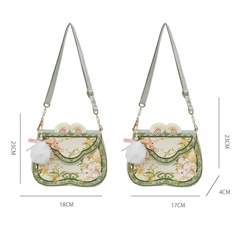 Buddha Stones Osmanthus Rabbit Embroidery Pearl Chain Furball Tassel Shoulder Bag Crossbody Bag - image 6