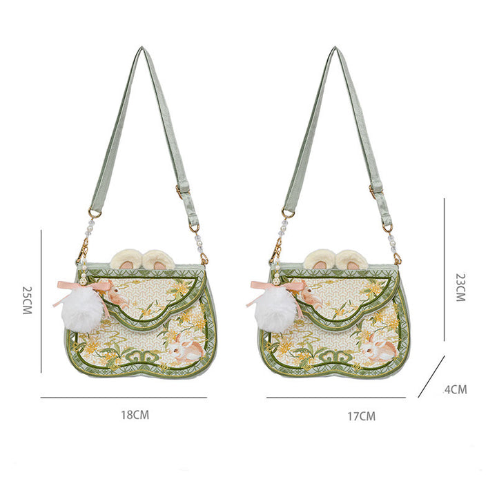 Buddha Stones Osmanthus Rabbit Embroidery Pearl Chain Furball Tassel Shoulder Bag Crossbody Bag - image 6